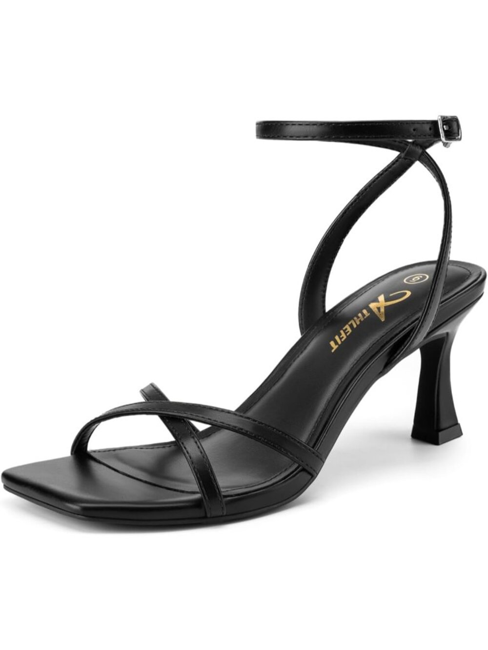 Women's Black Kitten Heels Square Open Toe Strappy High Heels 2.75" Ankle Strap